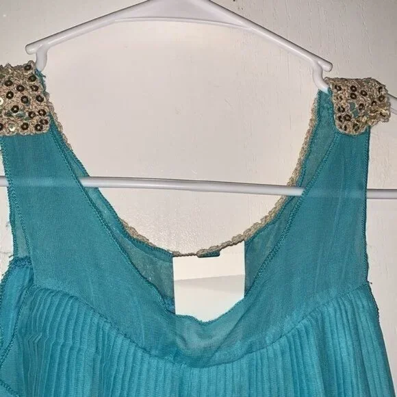 Sleeveless Teal Pleated Dress With Sequin Collar - Picture 7 of 10